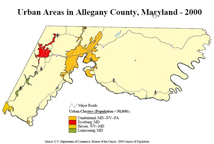 Map of the urban clusters for Cumberland, Frostburg, and Lonaconing in Allegany County, Maryland, as of 2000.