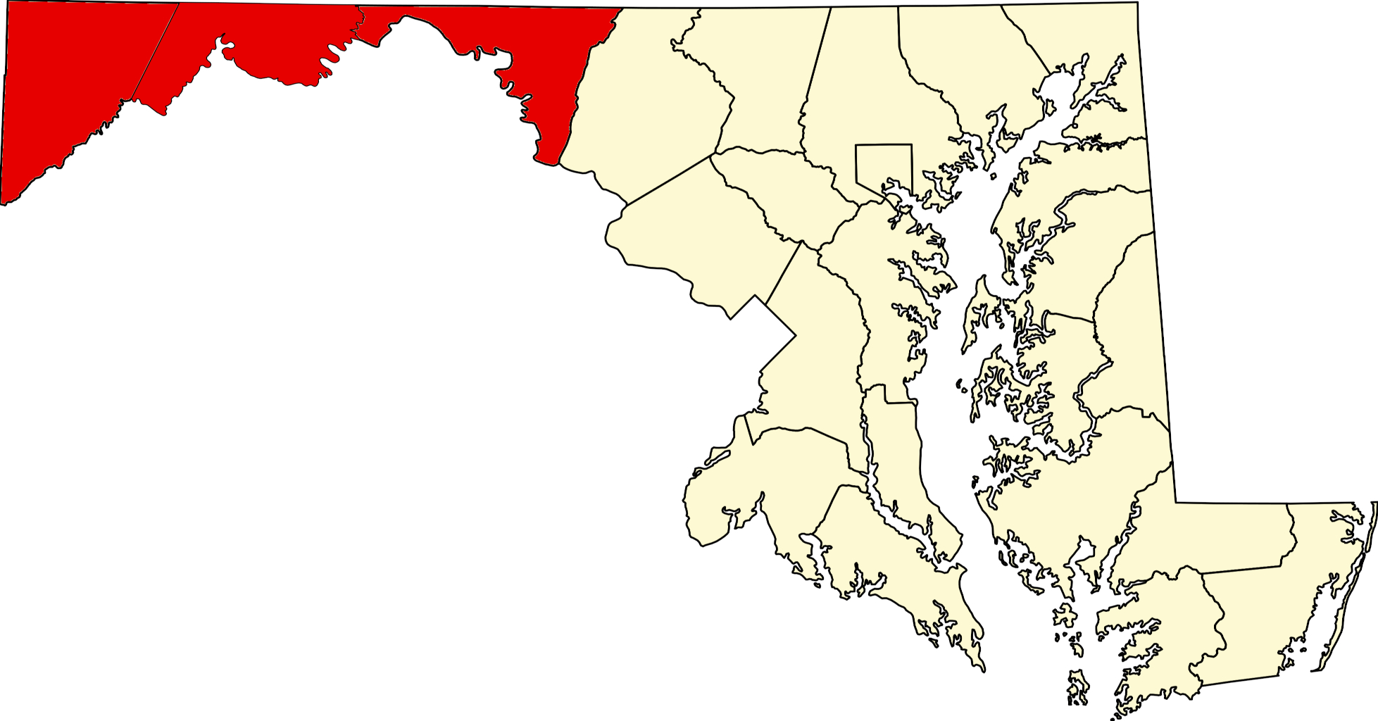 Map highlighting in red the Appalachian Region of Maryland.