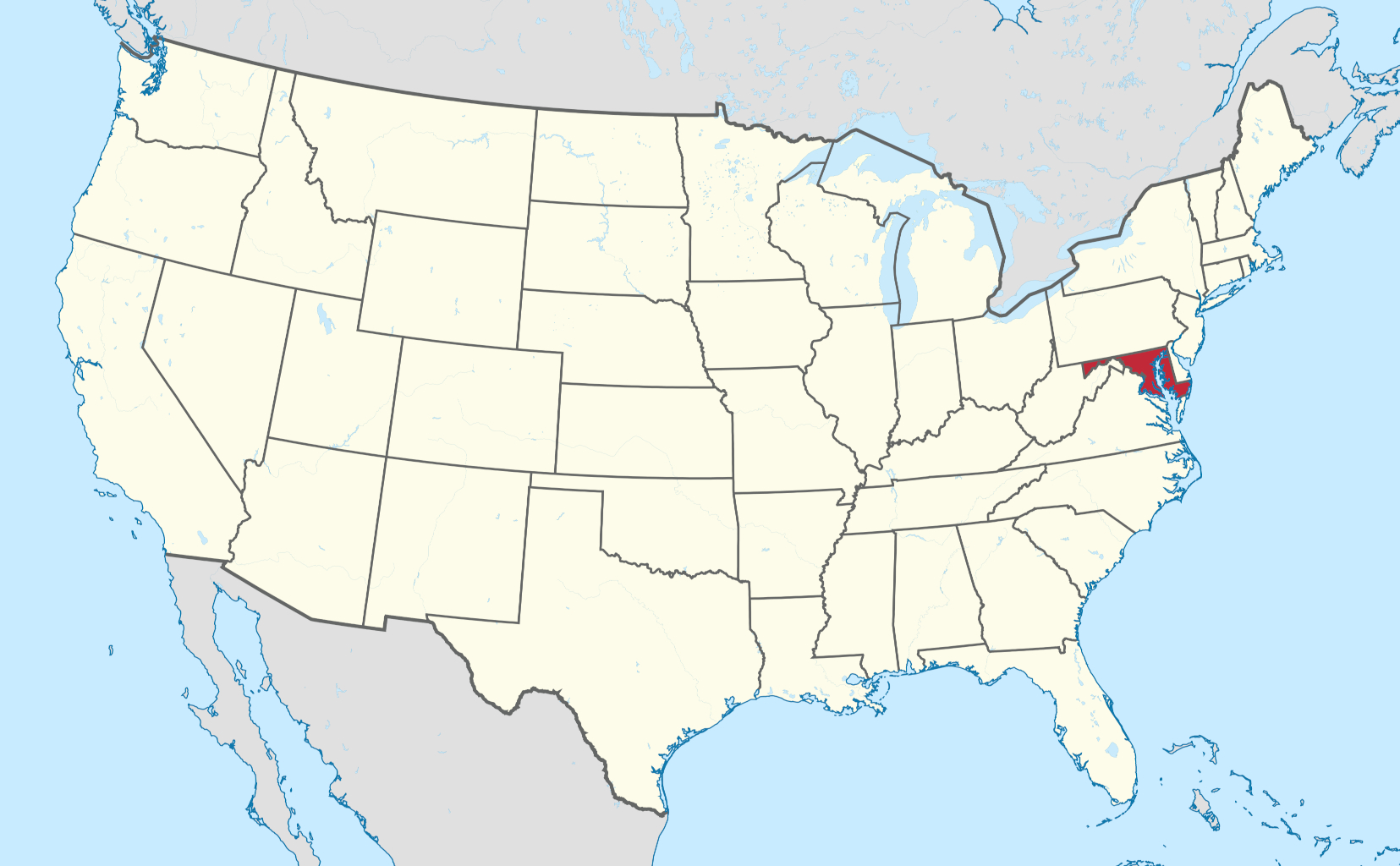 A map highlighting in red the position of Maryland within the United States of America.